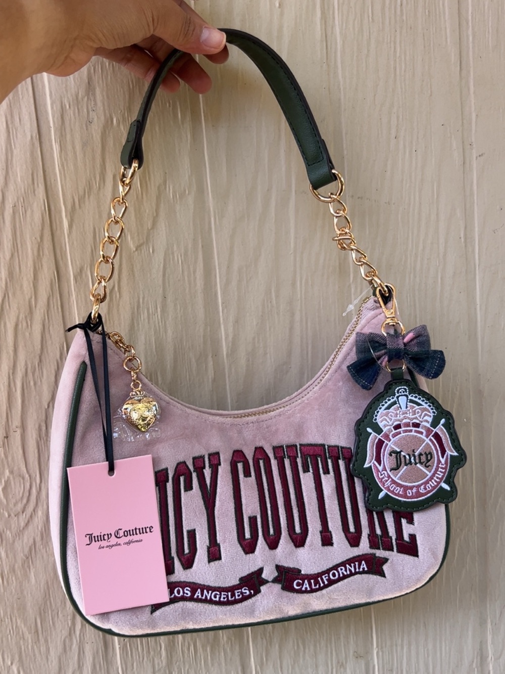 Juicy Couture Pink Velvet Shoulder Bag with Gold Chain & Green Trim